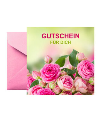 4A Bon cadeau rose avec rose et texte allemand "Gutschein für dich" | Dimensions 13 x 13 centimètres | Par 25 pièces