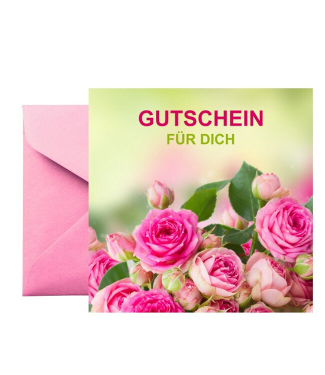 Pink gift voucher with rose and German text "Gutschein für dich" | Size 13 x 13 centimetres | Available to order in sets of 25