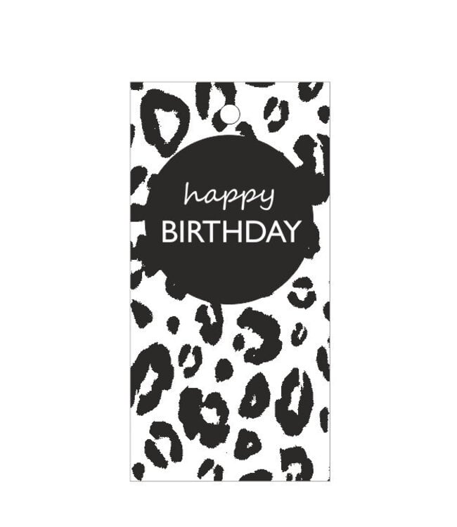 Black and white card label with English text "Happy Birthday" | Width 5 centimetres | Height 10 centimetres | Available to order in sets of 20