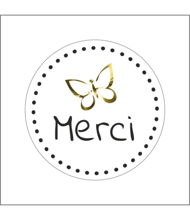 Natural white sticker label with the text "Merci" | Diameter 39 millimetres | Available to order per 500 pieces