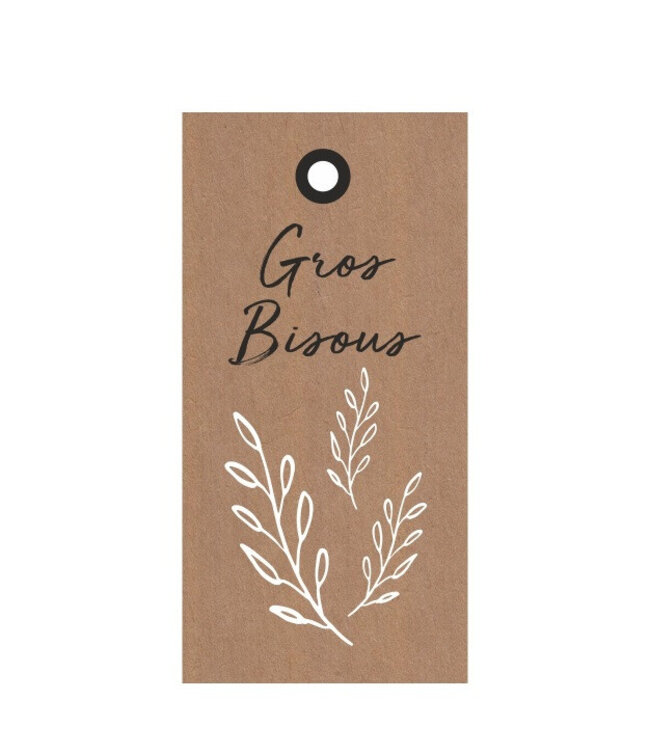 Brown natural card label with French text "Bisous" | Width 5 centimetres | Height 10 centimetres | Available to order in sets of 20