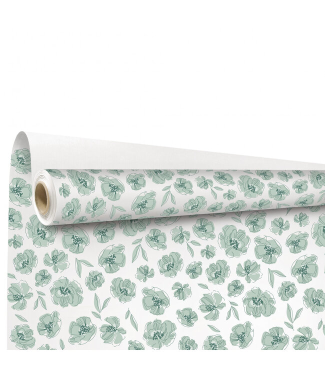 Papier à motif floral vert blanc sur rouleau Aube | Largeur 80 centimètres | Longueur 40 mètres | À commander à l'unité