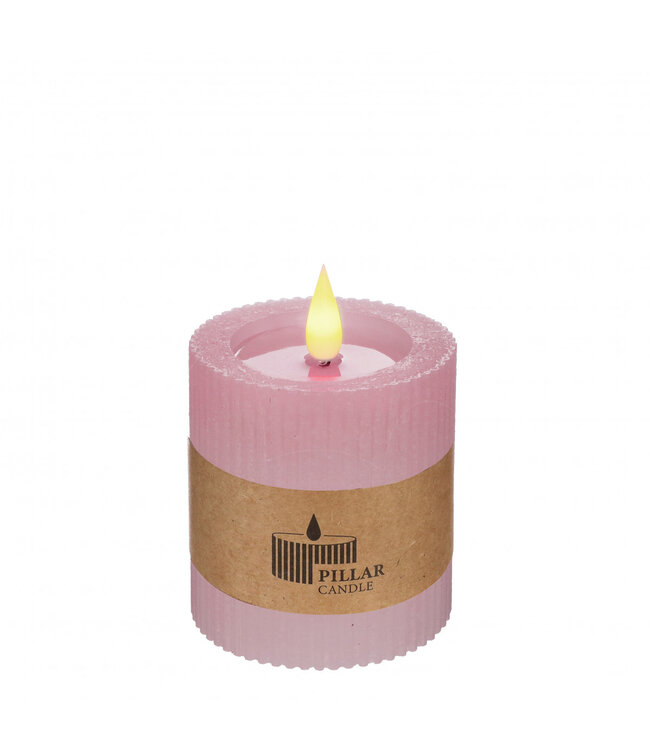 Pink ribbed LED pillar candle | Diameter 7 centimetres | Height 7.5 centimetres | Excluding AAA batteries | Available to order in sets of 6