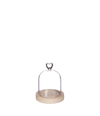 4A Cloche en verre transparent avec cœur sur socle en bois | Diamètre 10 centimètres | Hauteur 13 centimètres | À l'unité