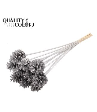 QC Pine cone 5-7cm on stem Silver + Glitter ( x 150 )