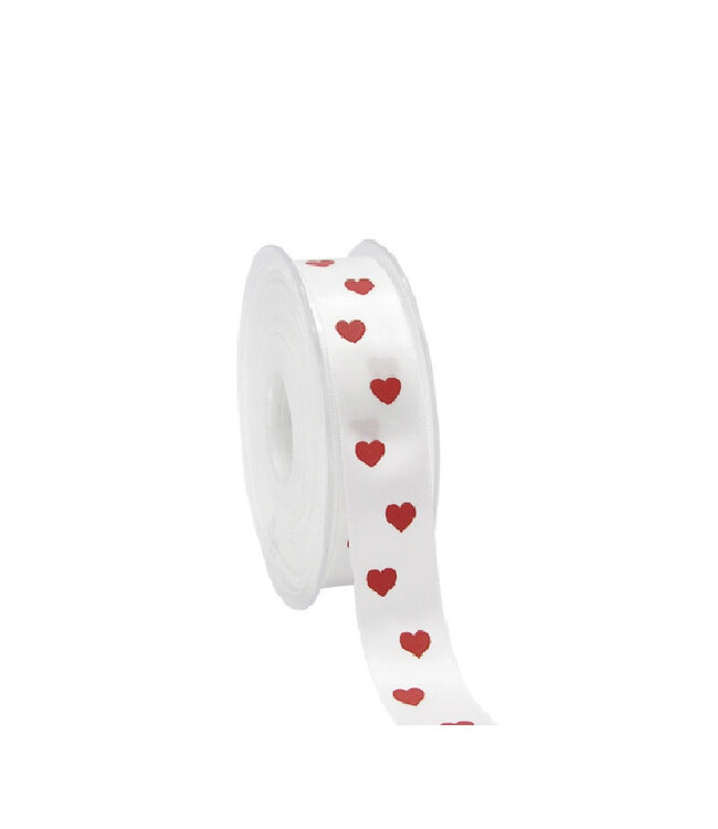 Ruban satin naturel blanc motif cœurs | Largeur 23 millimètres | Longueur 25 mètres | À l'unité