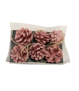 4A Décoration de Noël rose en forme de pomme de pin | Longueur 6 centimètres | Par 6 pièces