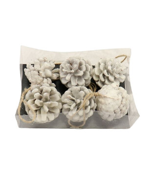 4A Ornement de Noël naturel blanc pomme de pin | Longueur 6 centimètres | Par 6 pièces