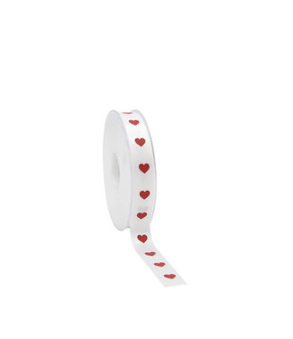 4A Ruban en satin blanc avec motif de cœurs rouges | Largeur 15 millimètres | Longueur 25 mètres | À l'unité