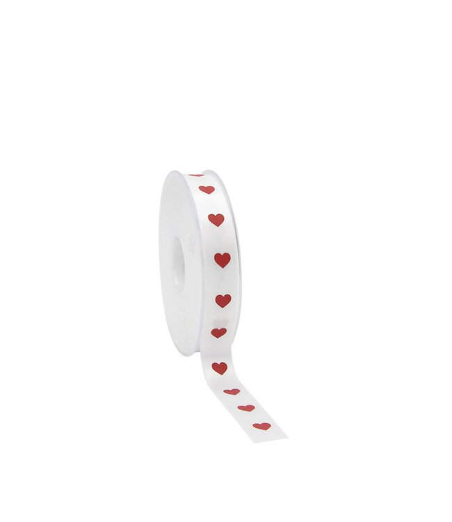 Ruban blanc en satin rouge motif cœurs | Largeur 15 millimètres | Longueur 25 mètres | À commander à l'unité