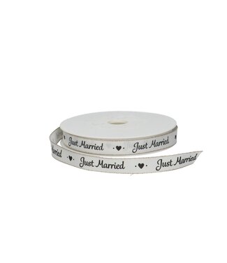 4A Ruban naturel blanc avec texte "Just Married" | Largeur 15 millimètres | Longueur 20 mètres | Par pièce