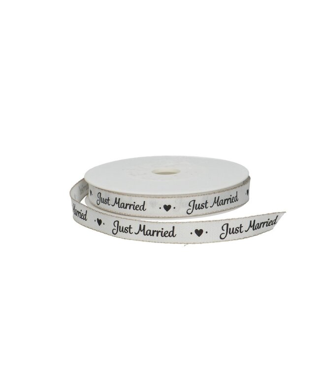 White natural ribbon with text "Just Married" | Width 15 millimetres | Length 20 metres | Available to order individually