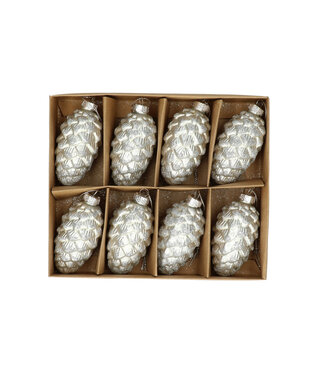 4A Silver-coloured pine cone Christmas bauble with glitter | Length 85 millimetres | Set of 8 pieces