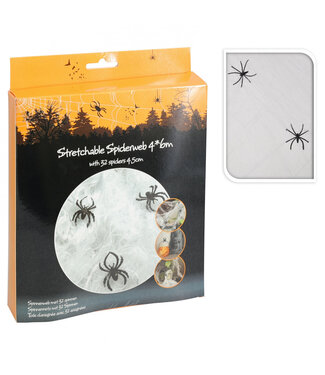 4A Toile d'araignée extensible Halloween avec 32 araignées | Dimensions de la toile 4 x 6 mètres | Diamètre des araignées 4,5 centimètres | À l'unité