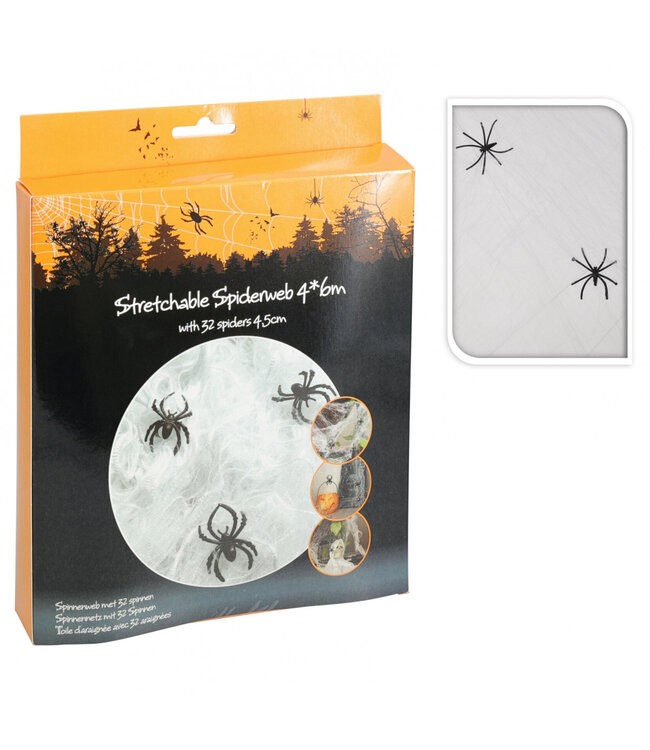 Halloween Stretchable Spider Web with 32 Spiders | Web Dimensions 4 x 6 metres | Spider Diameter 4.5 centimetres | Available for Individual Purchase