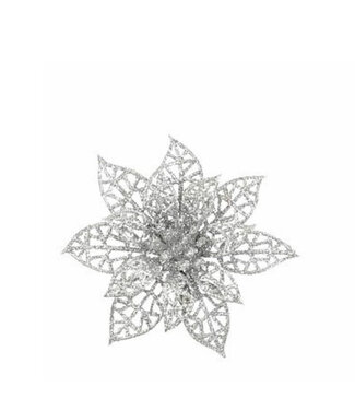 4A Clip de Noël poinsettia argenté | Diamètre 8 centimètres | Par 6 pièces
