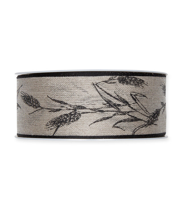 Black grey linen ribbon wheat motif | Width 40 millimetres | Length 15 metres | Available per piece