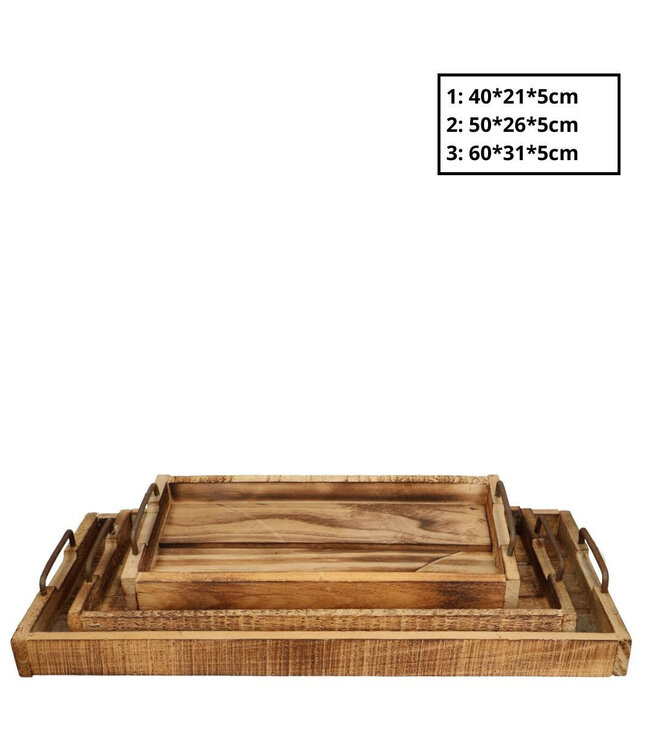 Brown wooden tray Sturdy | Largest size 60 x 31 x 5 centimetres | Available to order in sets of 3