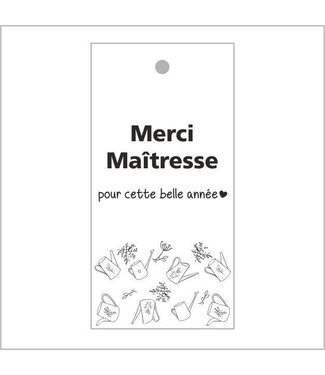 4A Étiquette de carte noir et blanc avec texte français “Merci Maîtresse” | Largeur 5 centimètres | Hauteur 10 centimètres | Par 20 pièces