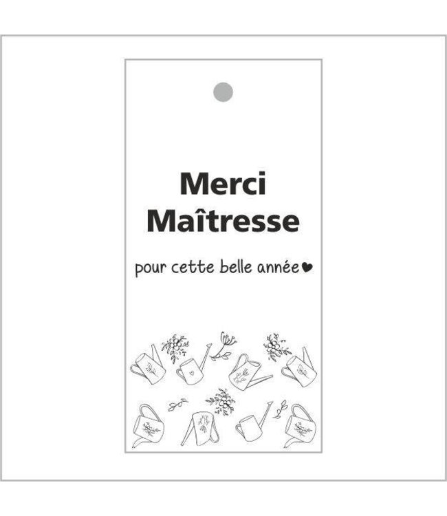 Étiquette de carte noir et blanc avec texte français “Merci Maîtresse” | Largeur 5 centimètres | Hauteur 10 centimètres | À commander par 20 pièces