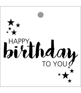 4A Étiquette de carte noir et blanc avec texte anglais "Happy Birthday" | Dimensions 7 x 7 centimètres | Par 20 pièces