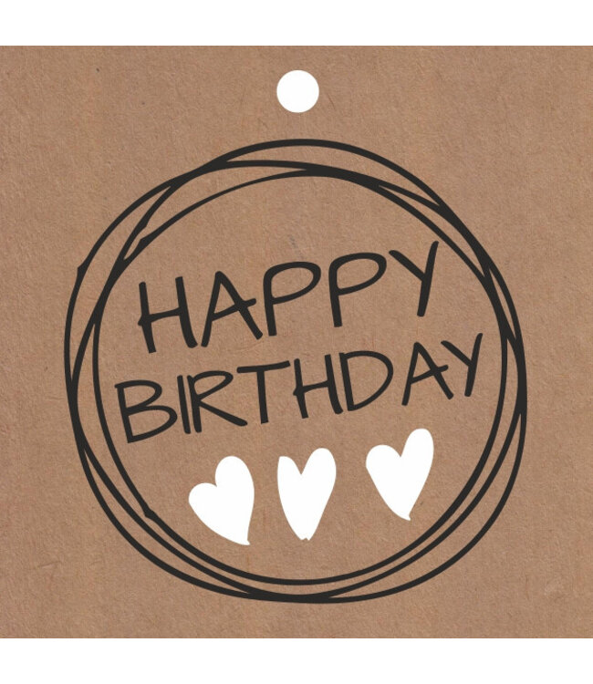 White card label with text "Happy Birthday" | Size 7 x 7 centimetres | Available to order in sets of 20