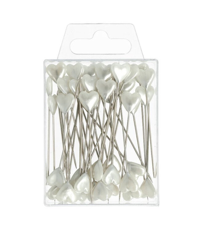 Silver-coloured pins with natural white heart-shaped head | Diameter 10 millimetres | Available to order in sets of 40