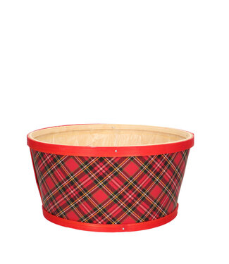 4A Pot de fleurs en bois rouge de Noël avec motif à carreaux | Diamètre 22 centimètres | Hauteur 11 centimètres | Par 10 pièces