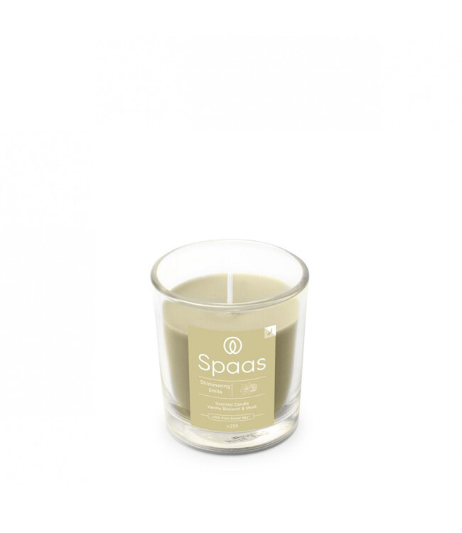 Bougie parfumée beige en verre Smile | Diamètre 7 centimètres | Hauteur 7,5 centimètres | À commander par 6 pièces
