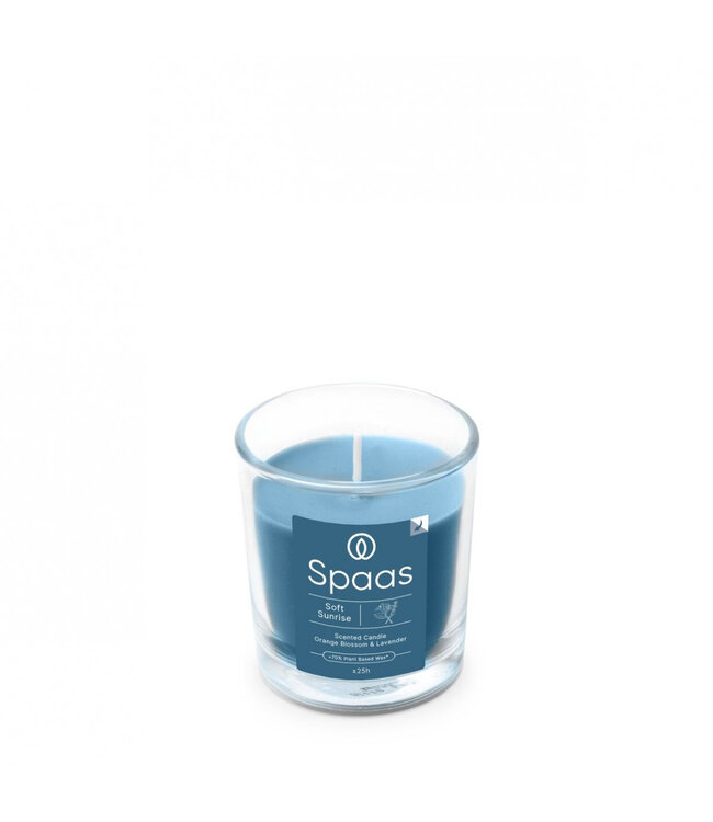 Bougie parfumée bleue en verre Sunrise | Diamètre 7 centimètres | Hauteur 7,5 centimètres | Commande par 6 pièces