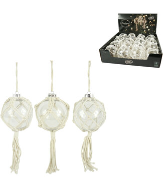 4A Boule de Noël en plastique blanc naturel avec assortiment de macramé | Diamètre 100 millimètres | Par 16 pièces