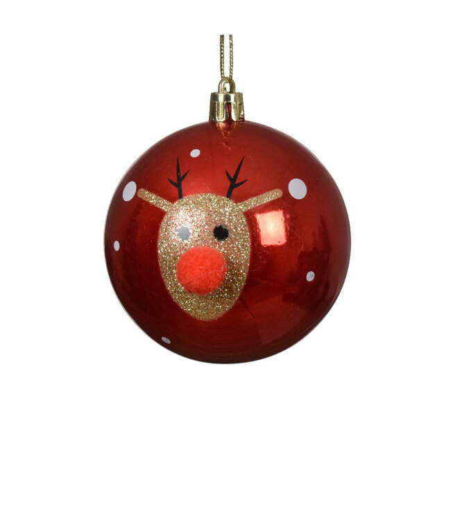 Red Plastic Christmas Ball Reindeer | Diameter 80 millimetres | Available to order per 12 pieces