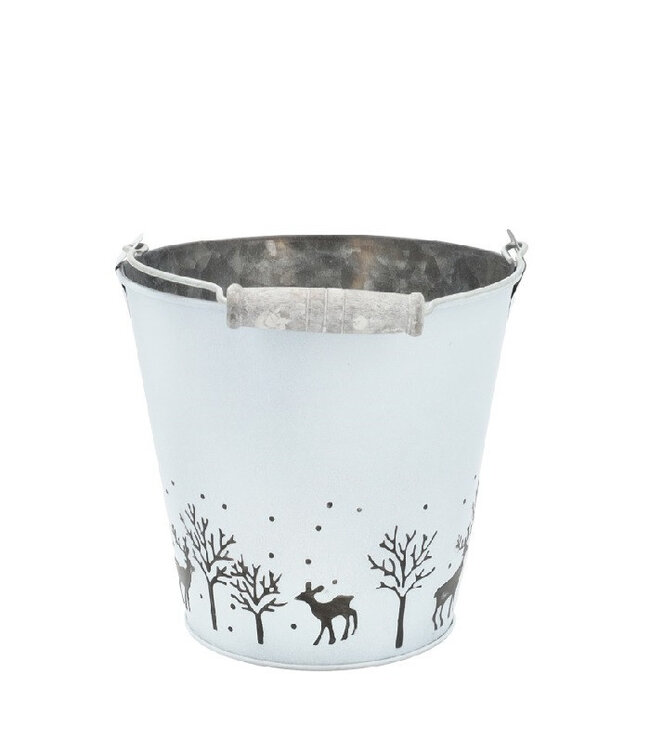 Seau de Noël blanc naturel en zinc Pot de fleurs Pot de plantes Hiver | Dimensions 20 x 19 centimètres | Commande par 10 pièces