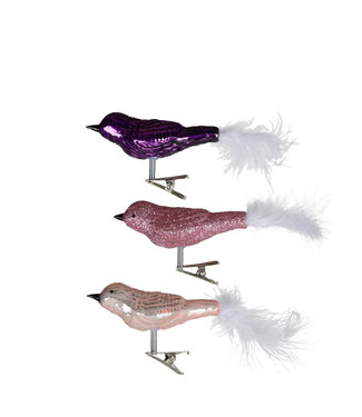 4A Oiseau de Noël en verre rose avec clip | Longueur 8 centimètres | Par 3 pièces
