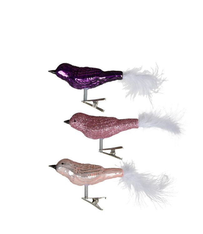 Pink glass Christmas bird decoration with clip | Length 8 centimetres | Available in sets of 3