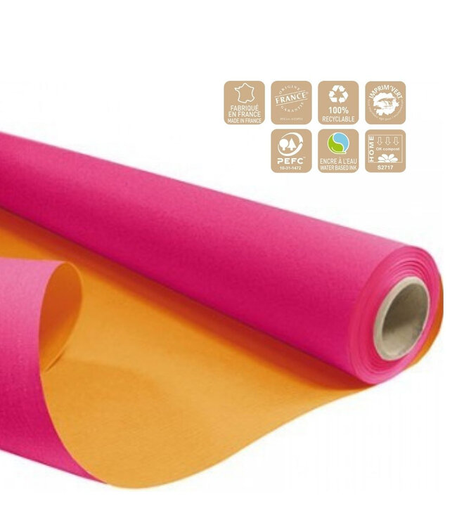 Papier orange rose recto verso en rouleau | Largeur 80 centimètres | Longueur 40 mètres | Poids 60 grammes/m2 | À commander à l'unité