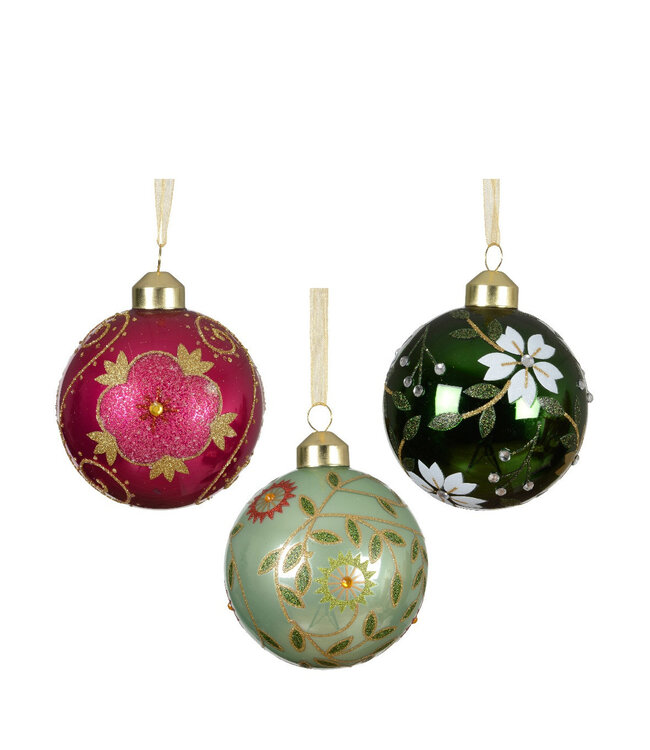 Décoration de boule de Noël aux couleurs mélangées avec fleur | Diamètre 80 millimètres | Commandable par 12 pièces