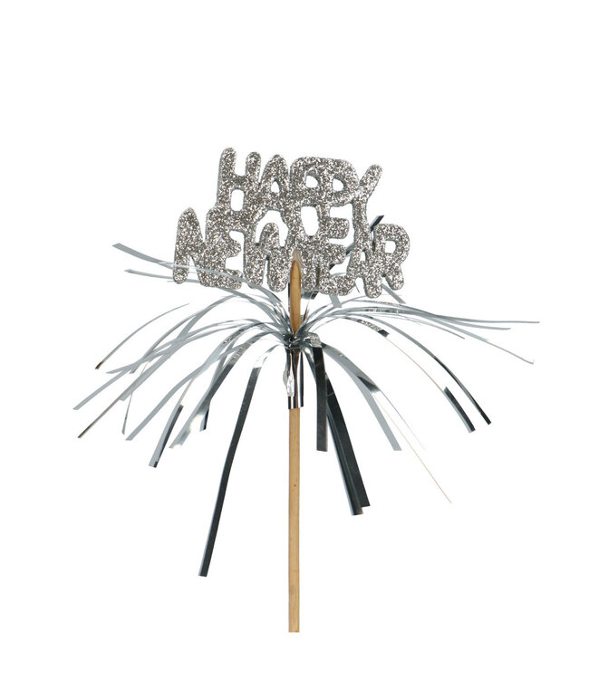 Silberfarbener Happy New Year Stecker | Länge 50 Zentimeter | Durchmesser 7 Zentimeter | Pro 25 Stück zu bestellen