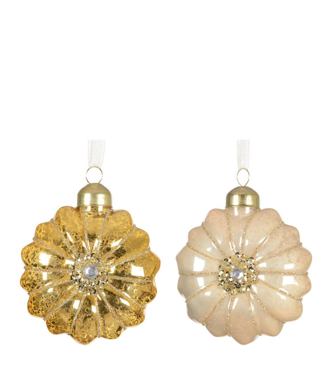 Boule de Noël suspendue avec fleur en couleurs mélangées | Diamètre 80 millimètres | Commande par 12 pièces