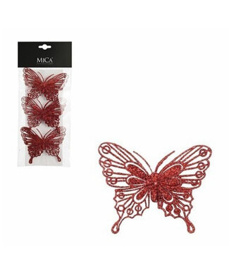 4A Papillon à paillettes rouges avec clip | Longueur 10 centimètres | Par lot de 3 pièces