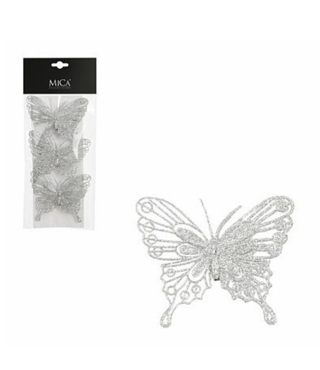 Papillon pailleté argenté avec clip | Longueur 10 centimètres | À commander par 3 pièces