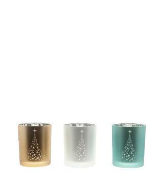 4A Porte-bougie chauffe-plat couleurs mélangées avec sapin de Noël | Diamètre 7 centimètres | Hauteur 8 centimètres | Par 12 pièces