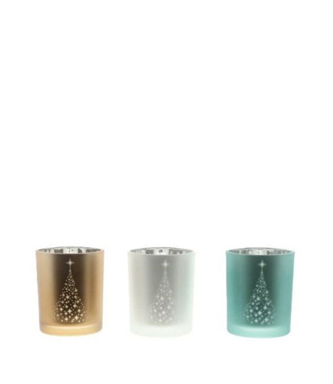 Porte-bougie chauffe-plat couleurs mélangées avec sapin de Noël | Diamètre 7 centimètres | Hauteur 8 centimètres | Commande par 12 pièces