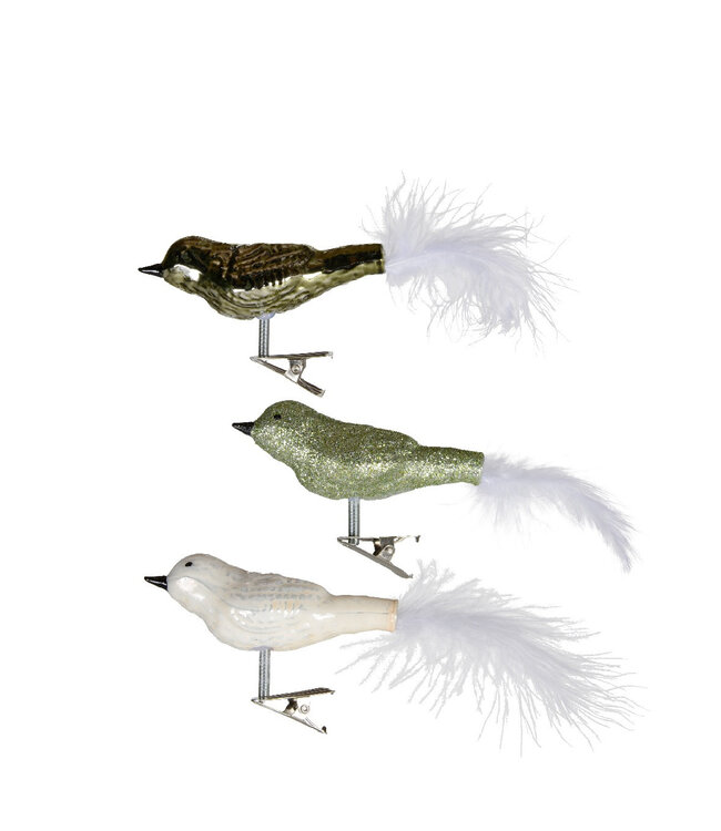 Kerst Deco vogel glas+clip 8cm ( x 3 )
