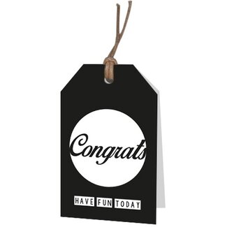 4A Label Kaartje met Engelse tekst "Congrats” | Kleur: Zwart | Breedte 5 centimeter | Hoogte 8 centimeter | Per 12 labels