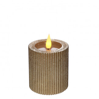 4A Ribbed LED Pillar Candle | Colour: Gold | Diameter 7 centimetres | Height 7.5 centimetres | Excluding AAA batteries | Per 6 candles