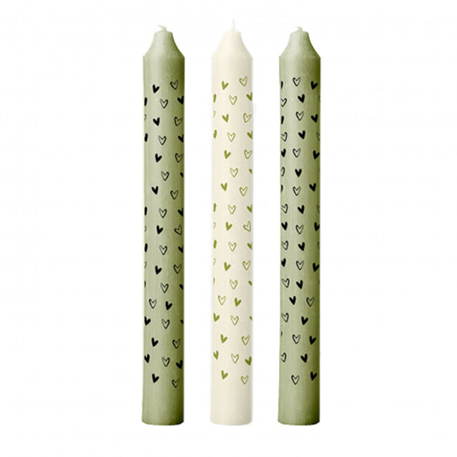 Candle with Hearts | Colour: Green | Diameter 2.2 centimetres | Length 20 centimetres | Per 3 candles