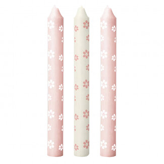 4A Kerze mit Blumen | Farbe: Rosa | Durchmesser 2,2 Zentimeter | Länge 20 Zentimeter | Pro 3 Kerzen