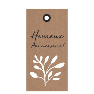 4A Label Card with French text “Anniversaire” | Colour: Brown | Width 5 centimetres | Height 10 centimetres | Per 20 labels