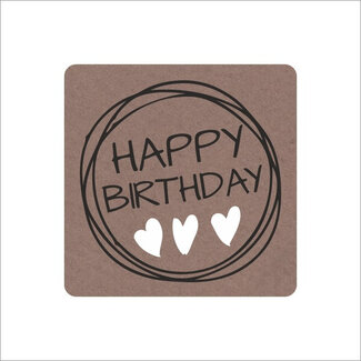 4A Label Sticker met Engelse tekst “Happy Birthday” | Kleur: Lichtbruin | Diameter 39 millimeter | Per 250 stickers